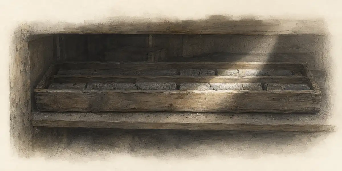 A shallow wooden tray of drill core on a shelf in a dim store, rendered as a soft watercolour study.