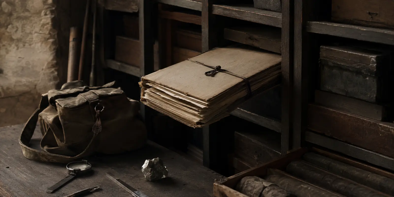 A tied bundle of paper files pulled part-way out of a wooden shelf in a dim field office, beside a canvas bag, a compass, a hand specimen and a tray of drill core.
