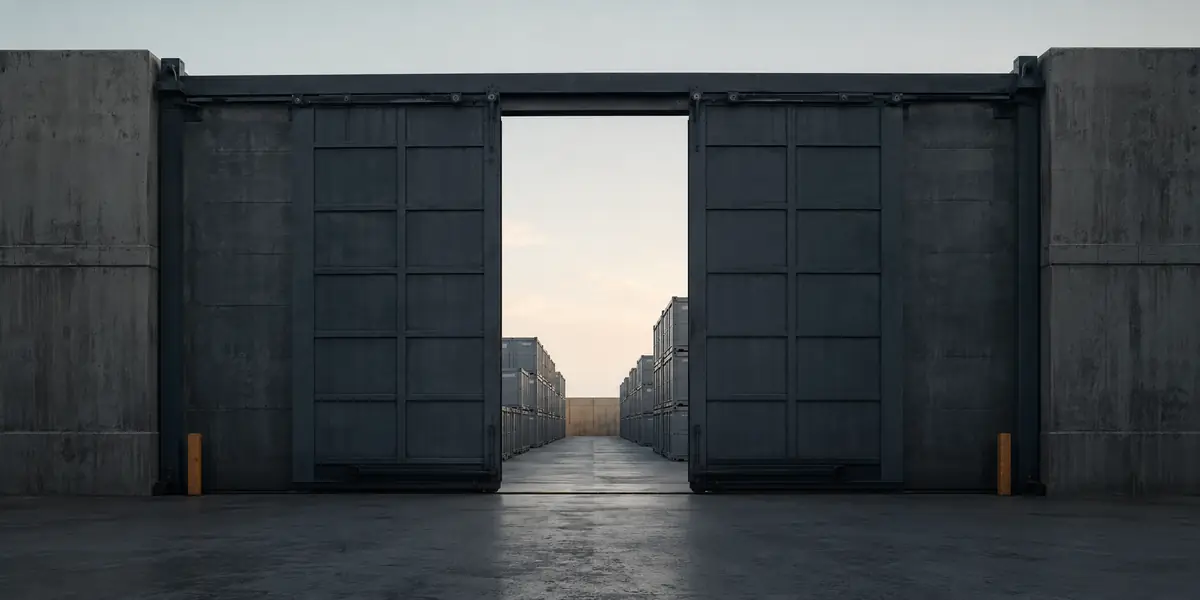 A pair of tall sliding steel doors standing part-open in a concrete wall, with rows of stacked containers visible through the gap.