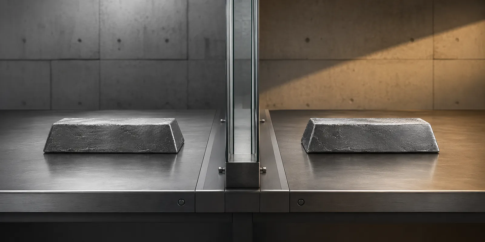 Two identical metal ingots on separate benches, divided by a glass partition. The left bench sits in cool grey light, the right in warm light.