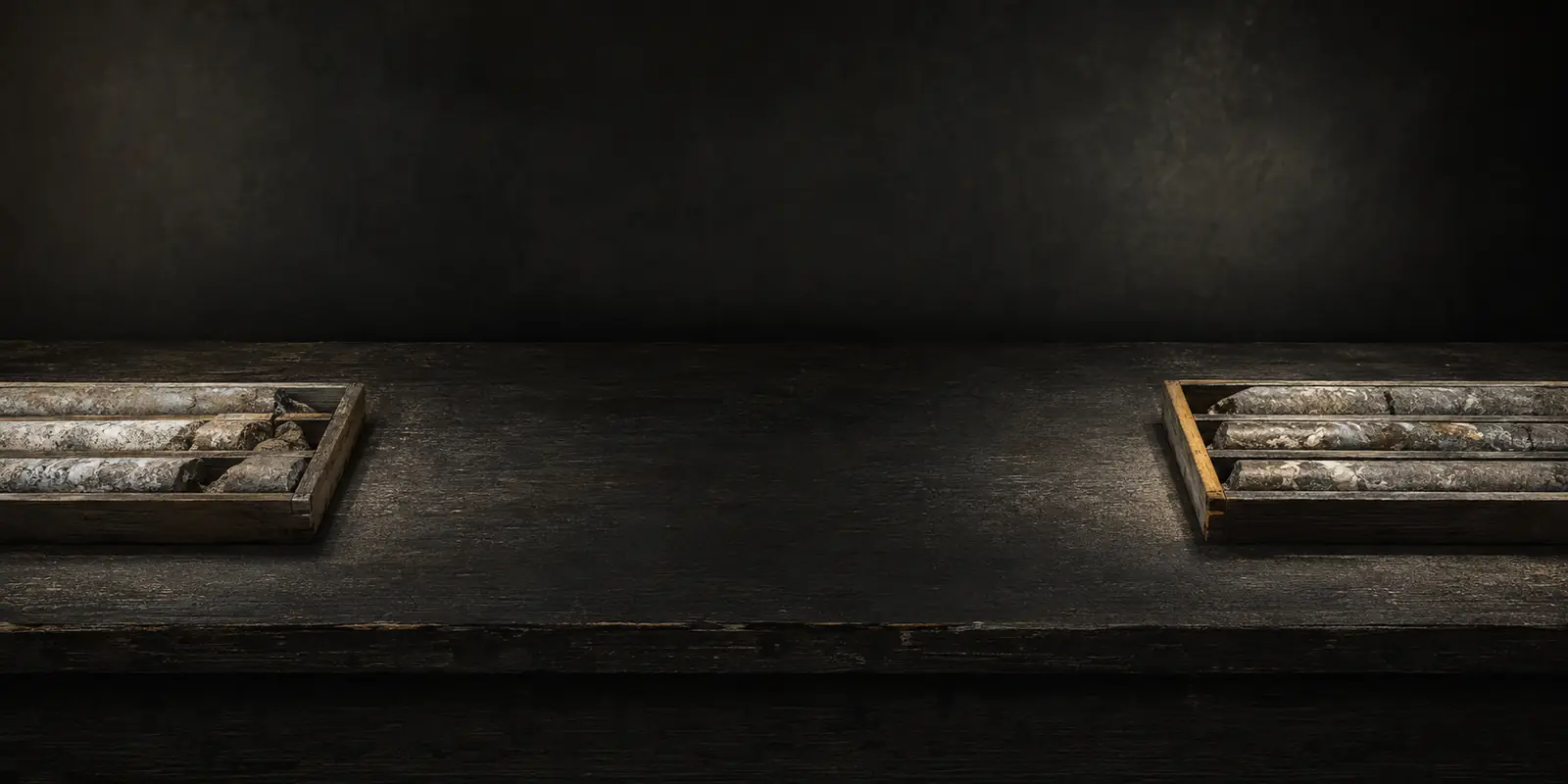 Two wooden trays of drill core at opposite ends of a long dark bench, with an unbroken stretch of empty bench between them.